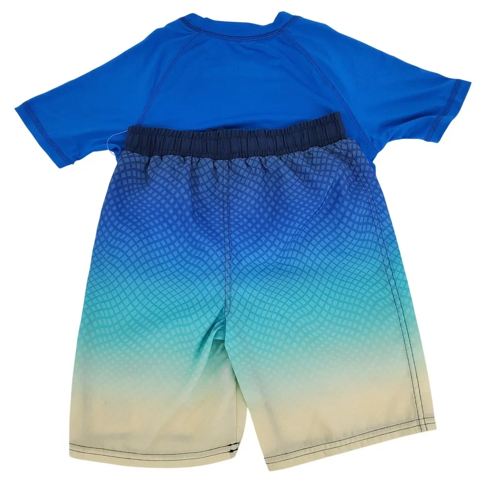 Big Chill Boys Size 6‎ 2pc Rash Guard Swim Trunks Set Blue Skeleton Surfer